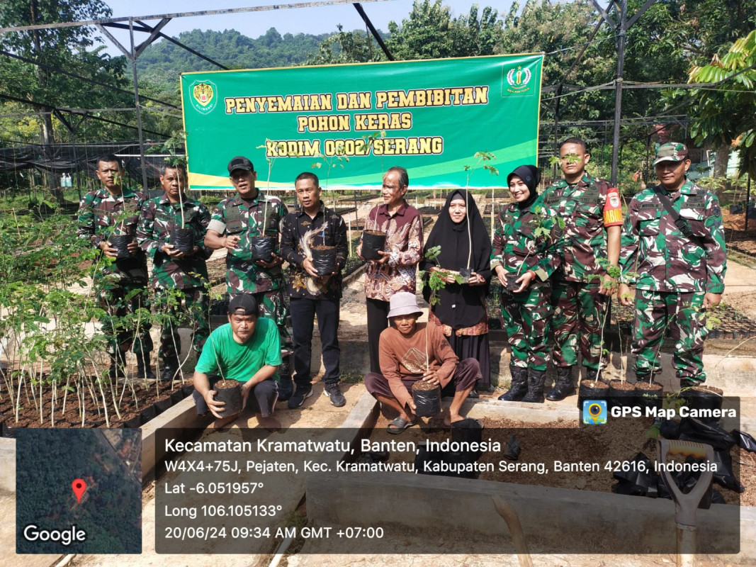 Penyemaian dan Pembibitan Pohon Keras Kodim 0602/ Serang di Pejaten Kecamatan Kramatwatu Kabupaten Serang – Banten. Serang, 20 Juni 2024