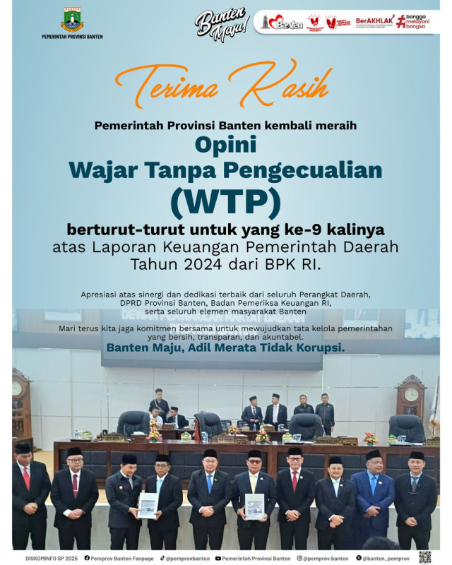 Pemerintahan Provinsi Banten Kembali Meraih Opini Wajar Tanpa Pengecualian (WTP)