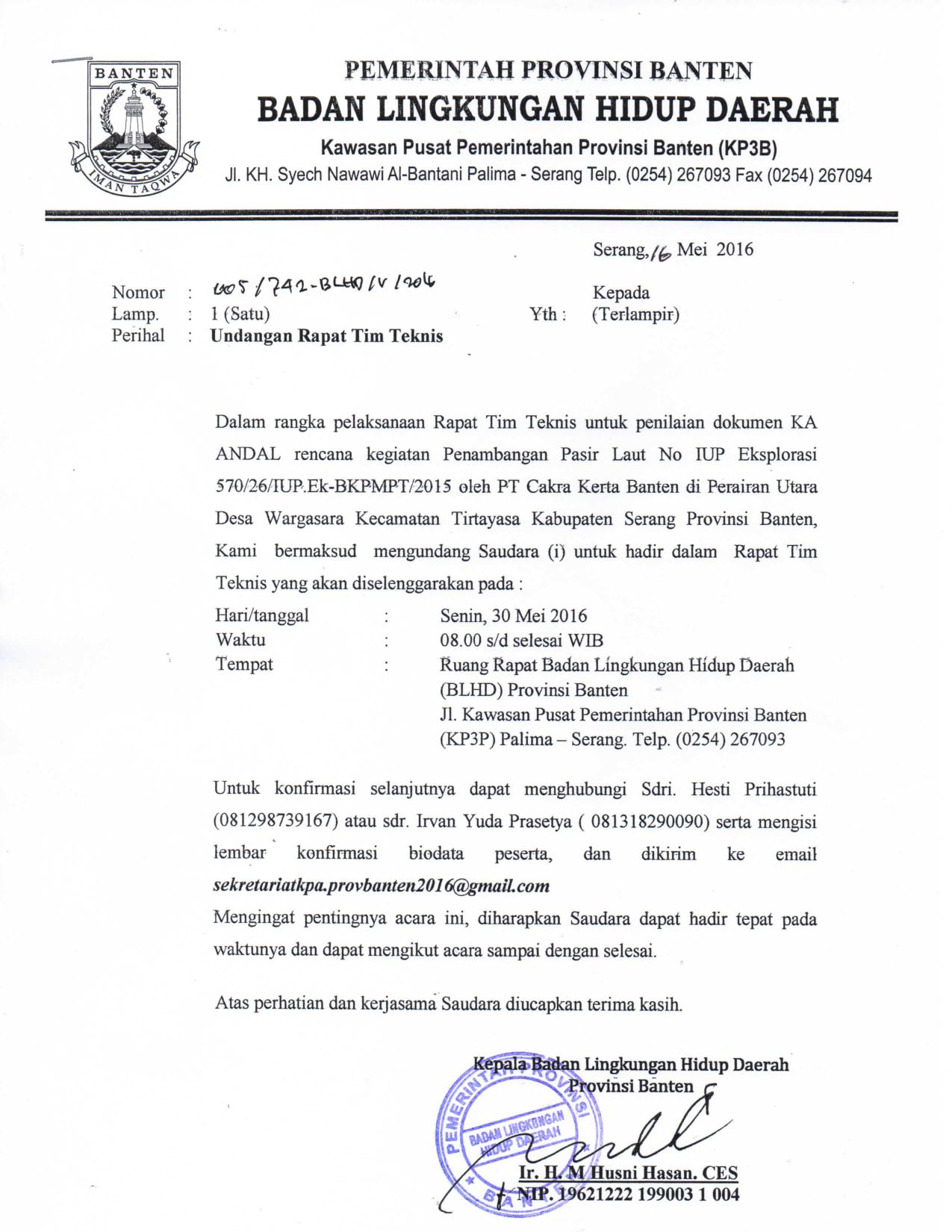 Undangan Rapat Tim Teknis untuk Penilaian Dokumen KA ANDAL Rencana Kegiatan Penambangan Pasir Laut oleh PT. Cakra Kerta 