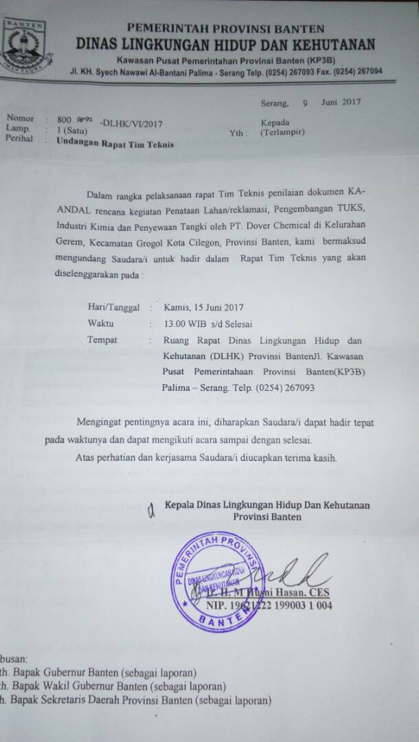 Undangan Rapat Tim Teknis penilaian dokumen KA-ANDAL. PT. Bumimerak Terminalindo