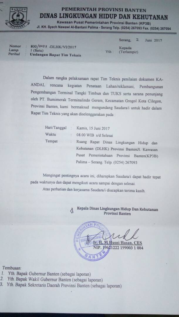 Undangan Rapat Tim Teknis penilaian dokumen KA-ANDAL PT. Dover Chemical