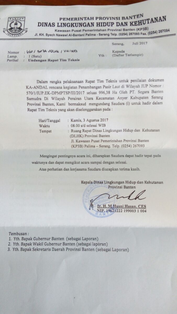 Undangan Rapat Tim Teknis Untuk Dokumen KA-ANDAL Rencana Kegiatan Penambangan Pasir 